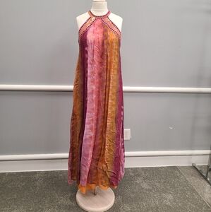 Zara Tie Dye Pink and Orange Halter Maxi Dress with Sequin around Neckline